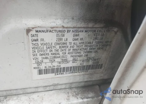 2006 Nissan Altima 3.5 Sl from USA, damaged, VIN 1N4BL11D86N410022